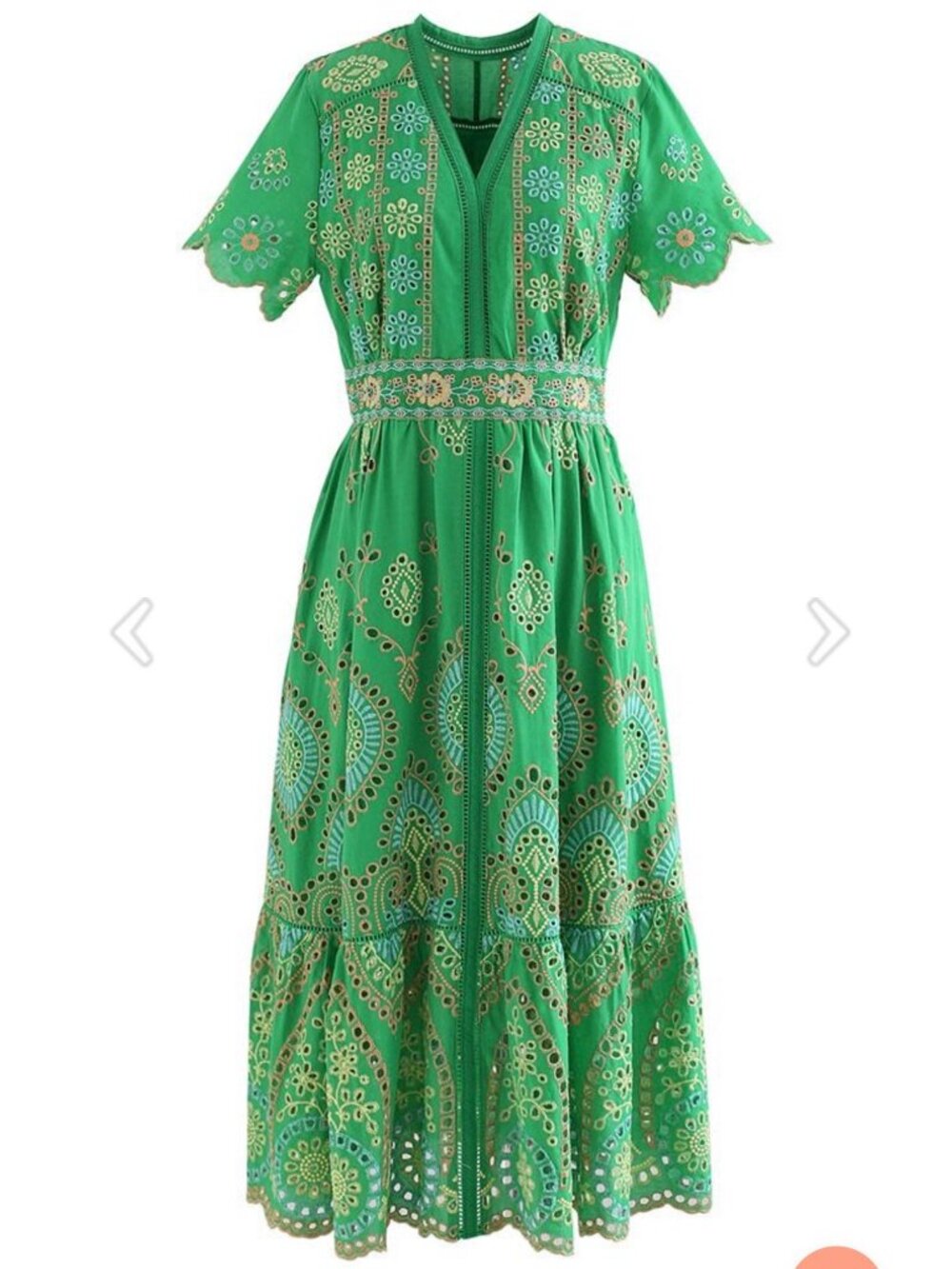 Emerald Green Embroidered Eyelet Midi Dress | Scalloped Sleeves | Boho Cottageco